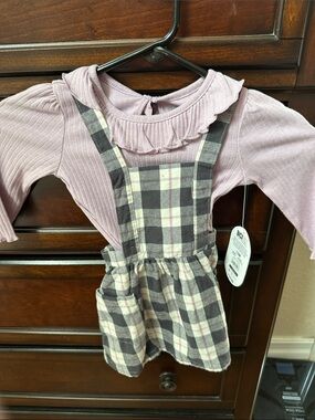 Wondershop Pink Ribbed Top with Plaid Suspender Skirt